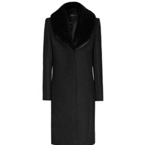REISS April Black Wool Faux Fur Shawl Collar Chic Longline Coat Overcoat Sz 4